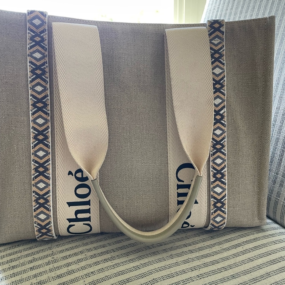 Chloe Cream and Brown Tote Bag with Geometric Design